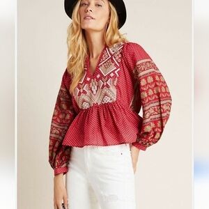 Anthropologie Keira Boho Embroidery Peplum Blouse Top 12 Ballon Sleeve Metallic